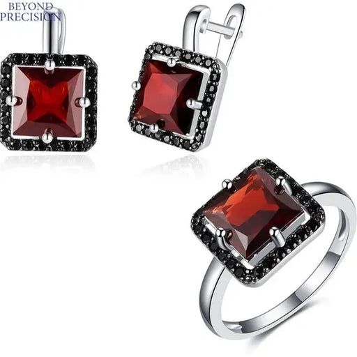 Natural Mozambique Garnet gemstone 925 Sterling Silver Earring and Ring set - FinNiche Jewels